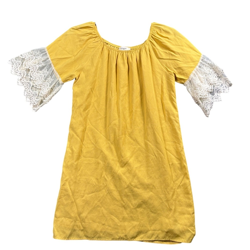 Umgee Lace Bell Sleeve Dress Womens Medium Yellow Boho Cottagecore Shift